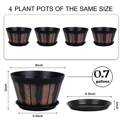 Quarut Plant Pots Set of 4 Pack 12 inch,Large Whiskey Barrel Planters with Drainage Holes & Saucer.Plastic Flower Pots Imitation Wine Barrel Design, for Indoor & Outdoor Garden Home Plants (Brown)