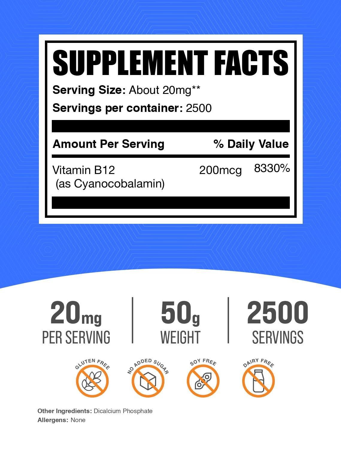 BulkSupplements.com Vitamin B12 Powder - as Cyanocobalamin, Vitamin B Supplement, Essential Vitamin - Gluten Free, 20mg per Serving, 5kg (11 lbs) (Pack of 5)