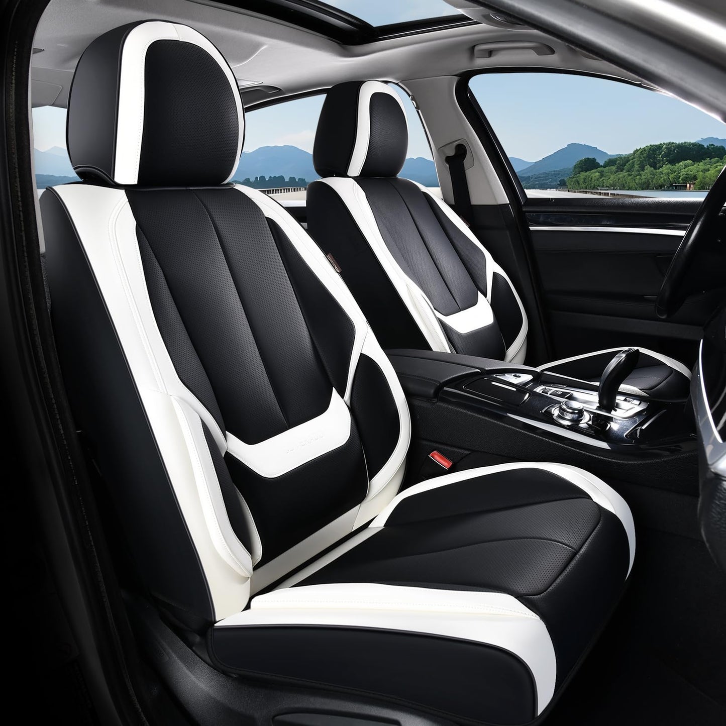 Coverado Car Seat Covers 5 Pieces, Full Set Universal Seat Covers for Cars, Waterproof Nappa Leather Auto Seat Protectors with Head Pillow, Car Interiors Fit for Most Sedans SUV Pick-up Truck, Black
