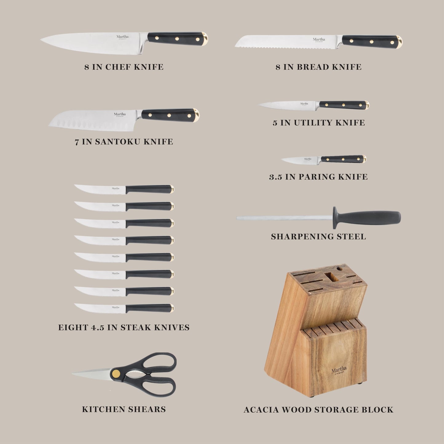 Martha Stewart Knife Block Set 16-Piece - Lockton High Carbon Stainless Steel Forged Full Tang Chef Knives, Acacia Wood Block, Triple Riveted Handles, Linen White & Gold
