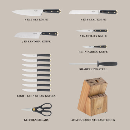 Martha Stewart Knife Block Set 16-Piece - Lockton High Carbon Stainless Steel Forged Full Tang Chef Knives, Acacia Wood Block, Triple Riveted Handles, Linen White & Gold