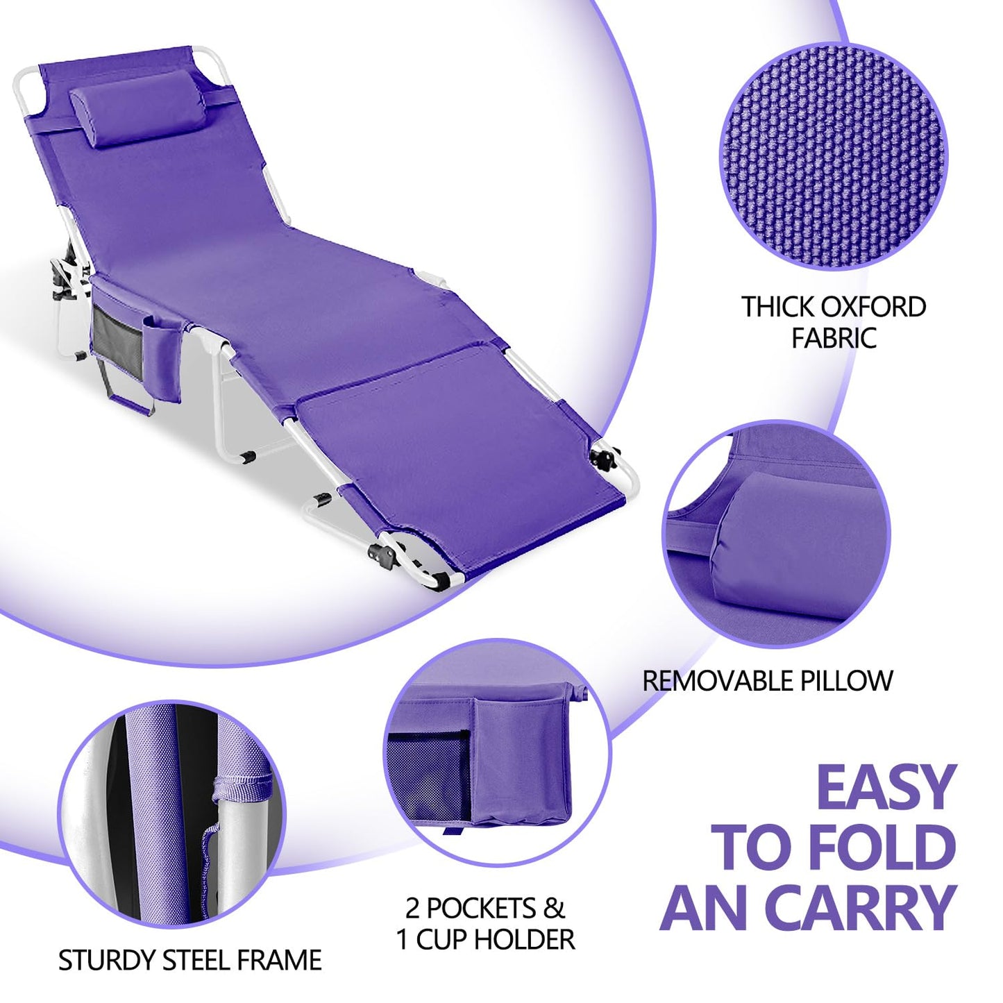 Tanning Chair with Face Hole, Adjustable Folding Chaise Lounge Chairs for Outside with Detachable Pillow & Pocket，Portable flat beach chairs for sunbathing, beach lawns camping (Purple, Standard)