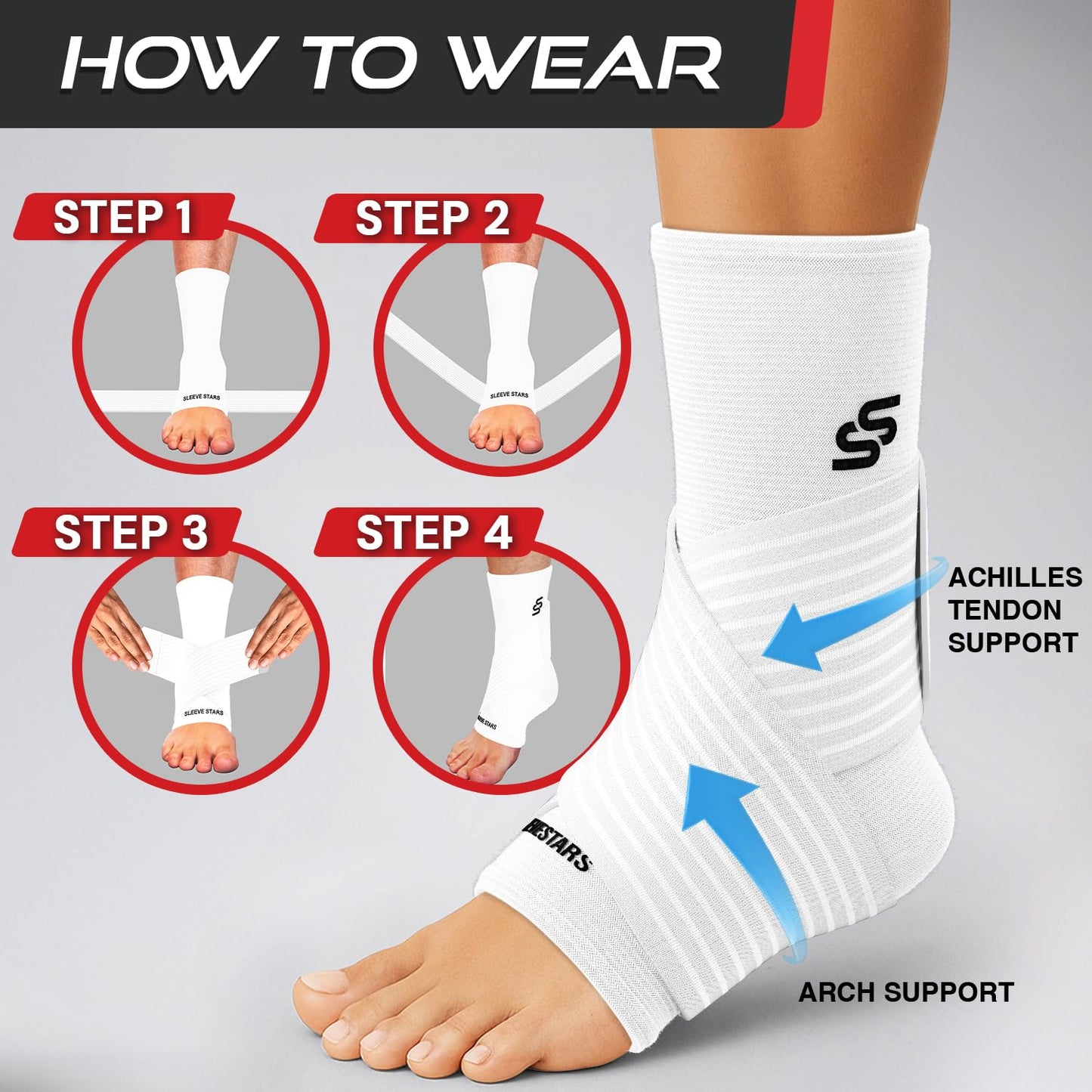 Sleeve Stars Knöchelbandage für Damen & Herren, Knöchelwickel für Verstauchungen, Kompressionsmanschette zur Linderung von Plantarfasziitis, Leicht anpassbare Unterstützung: mit abnehmbarem Gurt (Einzeln/M:25-30cm/Schwarz)