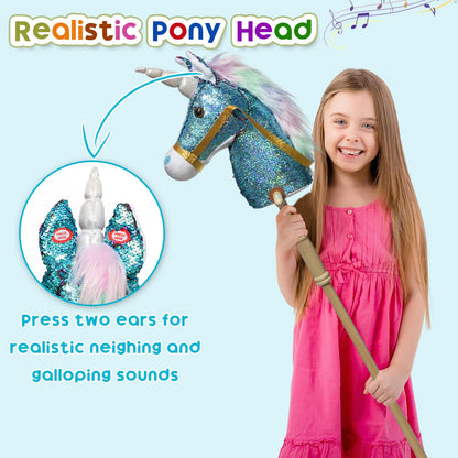 HollyHOME Plüsch Einhorn Steckenpferd mit Holzrädern Echten Pony Wiehern und Galoppieren Geräuschen Plüschtier Rosa 94 cm (AA Batterien Benötigt)