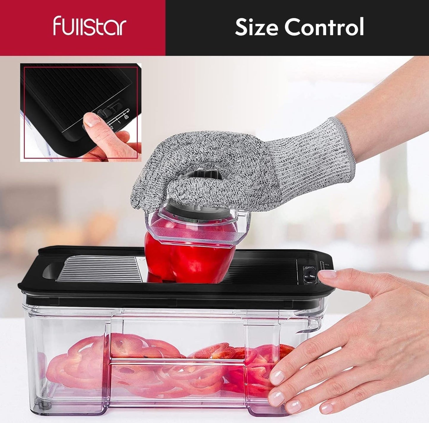 Fullstar Gemüsehacker und Mandolinenschneider - Julienne-Schneider, Würfelschneider, Reibe für Lebensmittel, Gemüse, Zwiebeln, Gurken, Tomaten, Salat, Kartoffeln, Käse - Küchenutensilien & Gadgets (Kompakt 6-in-1, Weiß)
