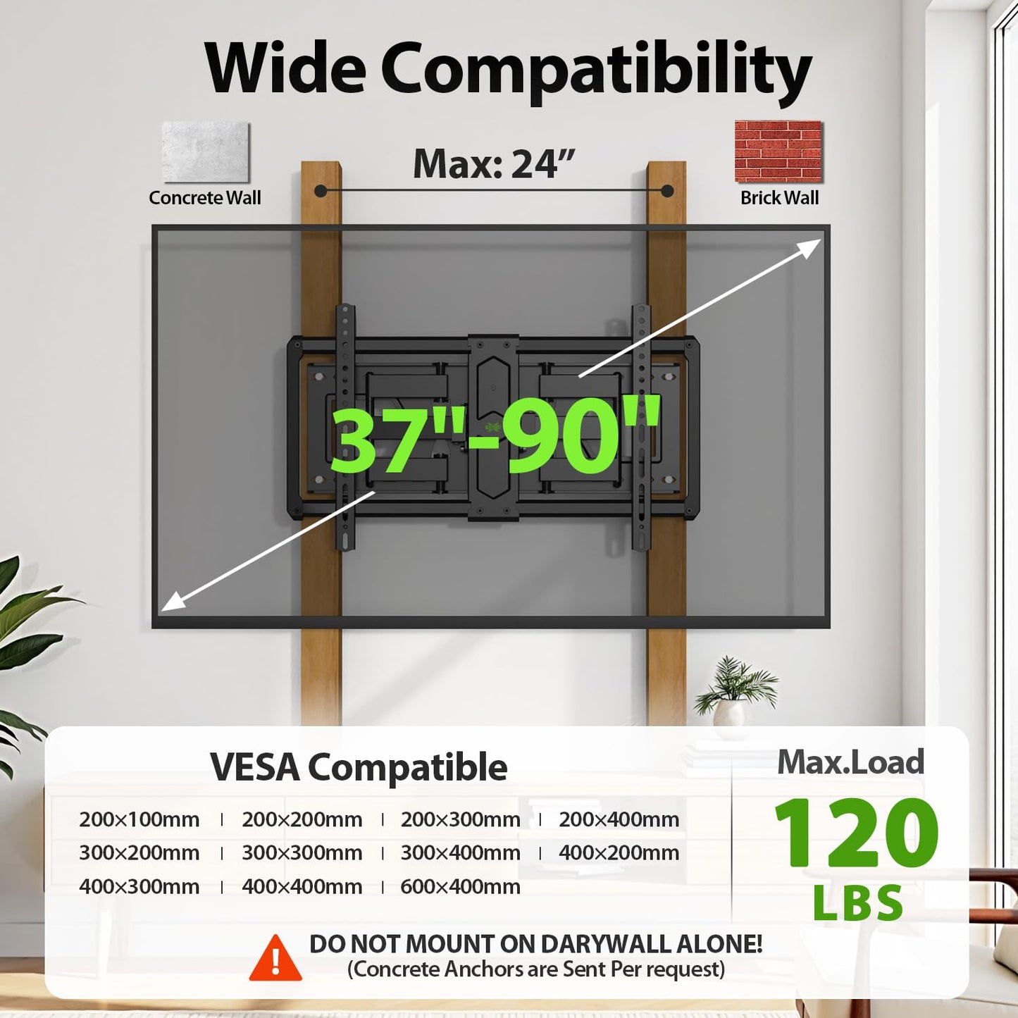 Full Motion TV Wall Mount for Most 37"-84" Flat Screen TV, Swivel or Tilt TV Wall Bracket with Dual Articulating Arms, for 12"-16" Wood Studs, Max VESA 600x400mm, Load 120 lbs by USX MOUNT