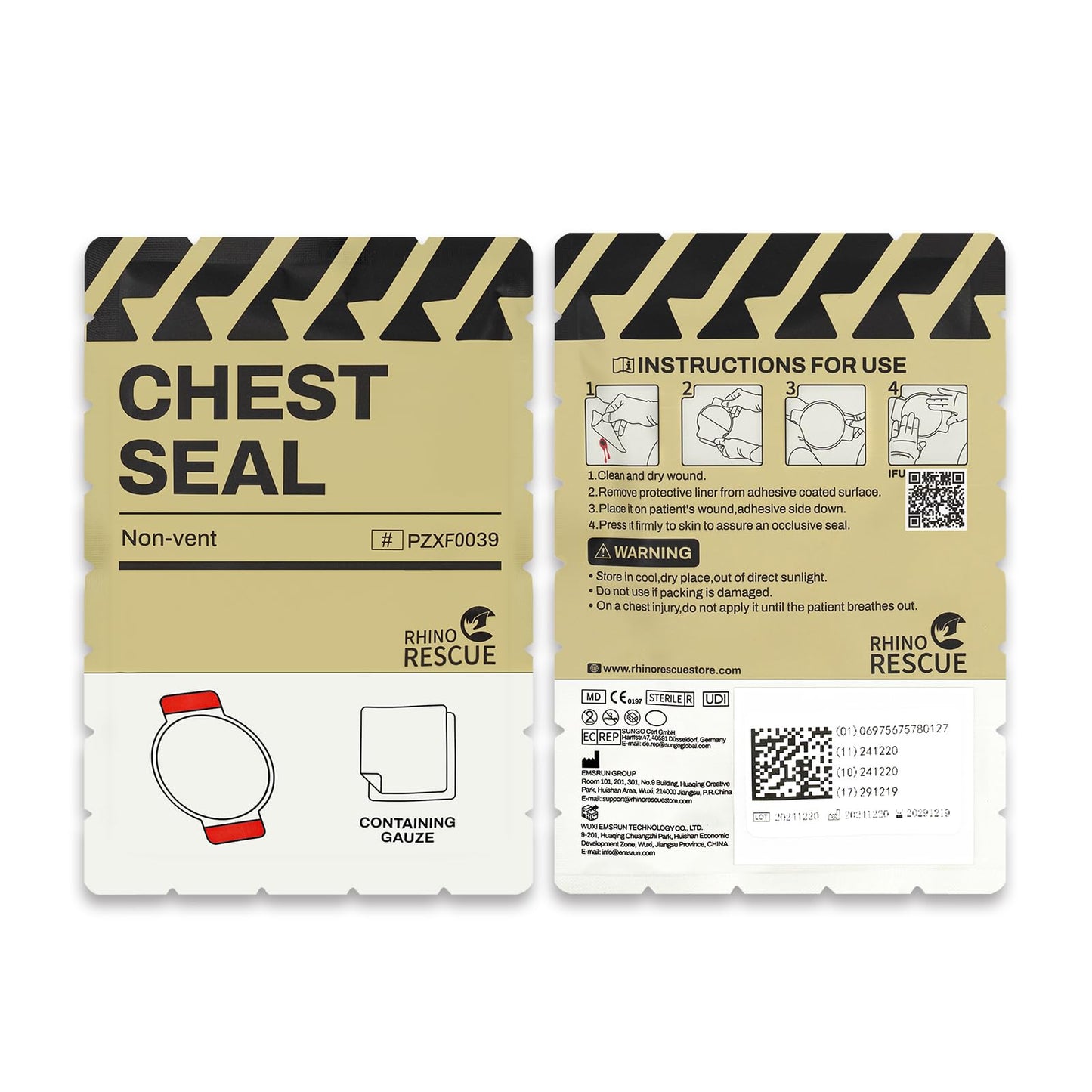 RHINO RESCUE Vented Chest Seal, 4 Vents, Sterile Emergency Trauma Dressing, Occlusive Adhesive Pad, IFAK Trauma Refill Medical First Aid Supplies for Wound Care, Gunshot Wound, Sucking Chest(20 Count)
