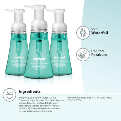 Method Schaumseife für die Hände, Biologisch Abbaubare Formel mit Schaumseifenspender aus 100 % Recyceltem Plastik, Duftnote Waterfall, 300 ml Seifenpumpflaschen, 3er-Pack, Klar