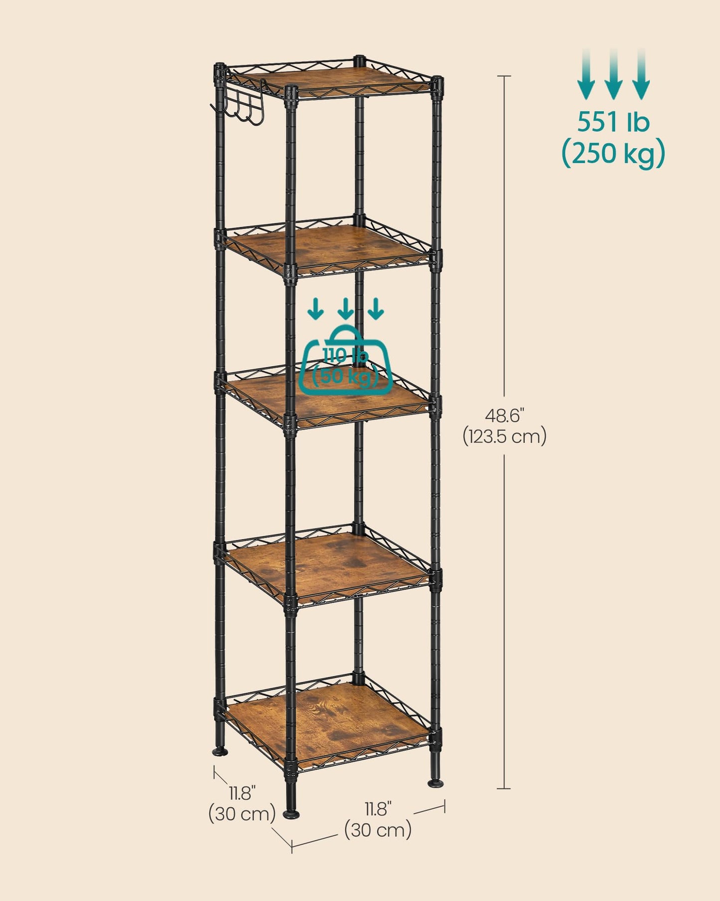 SONGMICS Storage Shelf, Small Metal Wire Shelving Unit, Adjustable Shelves, for Small Spaces, Garage, Bedroom, Living Room, Kitchen, Pantry, 5 Tier, 11.8 x 11.8 x 47.6 Inches, Ink Black ULGR123BH01