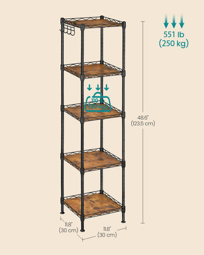 SONGMICS Storage Shelf, Small Metal Wire Shelving Unit, Adjustable Shelves, for Small Spaces, Garage, Bedroom, Living Room, Kitchen, Pantry, 5 Tier, 11.8 x 11.8 x 47.6 Inches, Ink Black ULGR123BH01