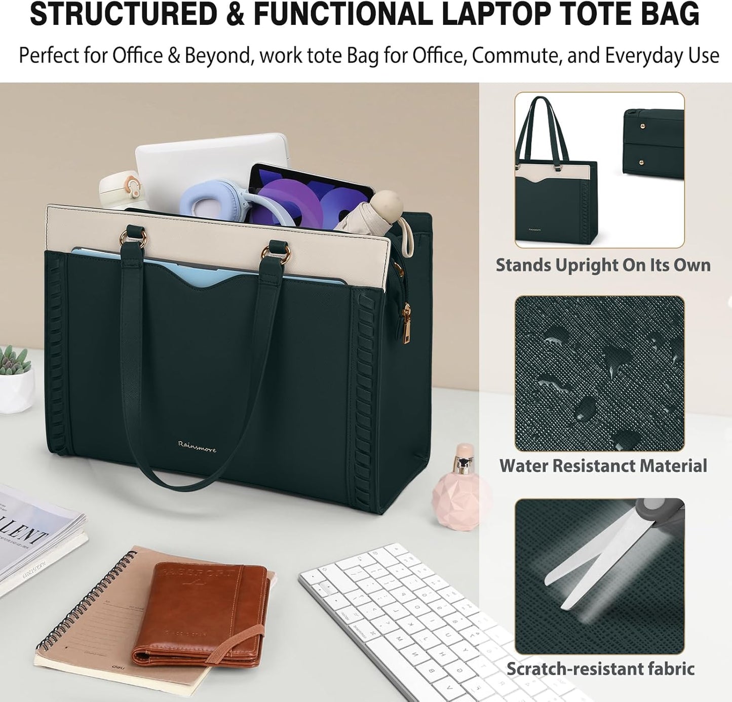 RAINSMORE Laptop Bag for Women 15.6 Inch Work Tote Bag with Detachable Strap & Bow Leather Laptop Tote with Cup Holder