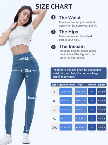 Chasehot Pull-On Skinny Jeans für Damen, dehnbare High-Waist Leggings, trendige Bauchkontrolle, Denim-Jeggings mit Taschen, Dark Wash-L