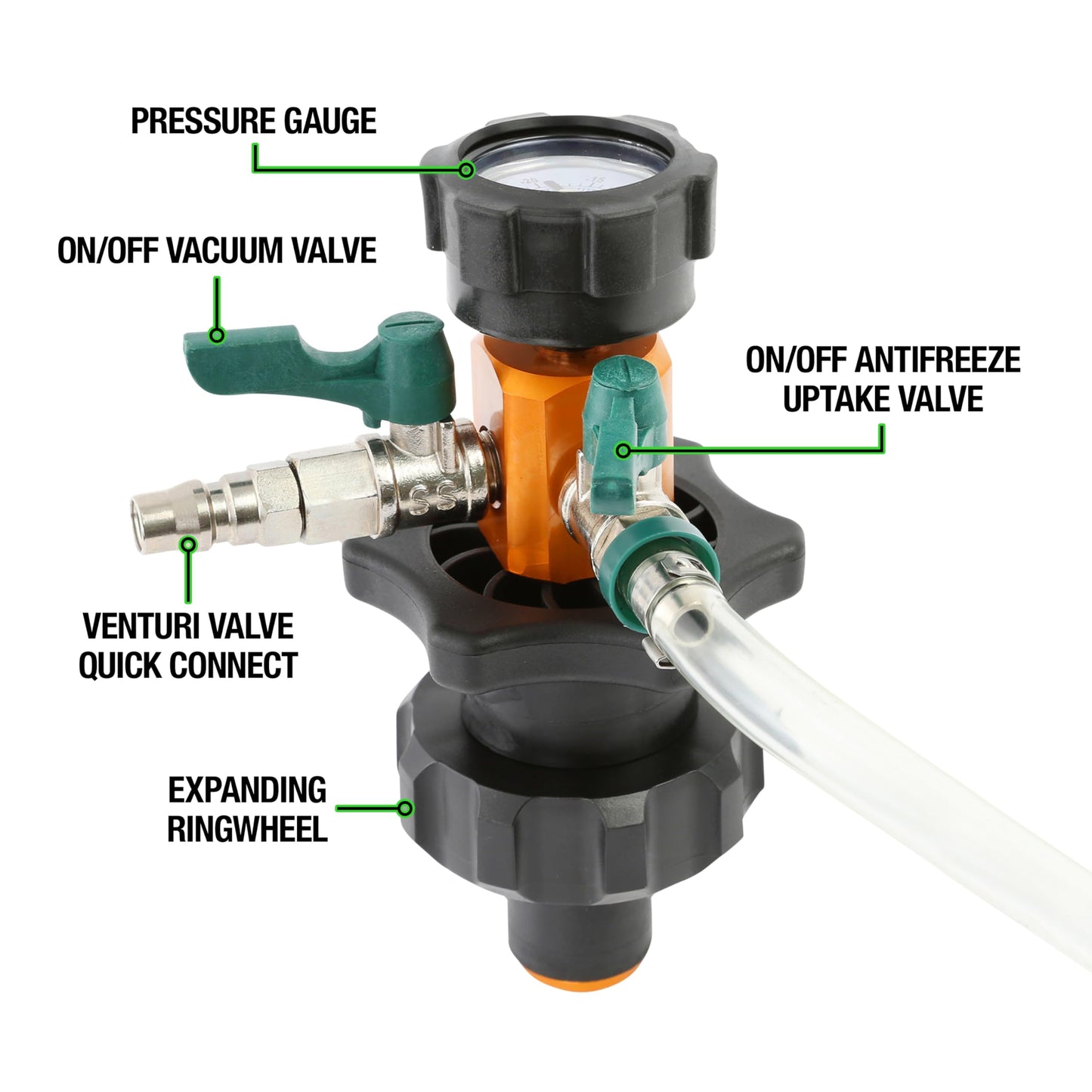 OEMTOOLS 24444 Coolant Vacuum Refill Kit, Coolant Pressure Tester Kit, 70–110 PSI Working Pressure, 5 Bushings, 1 Tapered Cone Adapter, Vacuum Leak Detector, Pressure Tester for Coolant System