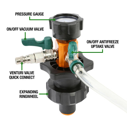 OEMTOOLS 24444 Coolant Vacuum Refill Kit, Coolant Pressure Tester Kit, 70–110 PSI Working Pressure, 5 Bushings, 1 Tapered Cone Adapter, Vacuum Leak Detector, Pressure Tester for Coolant System