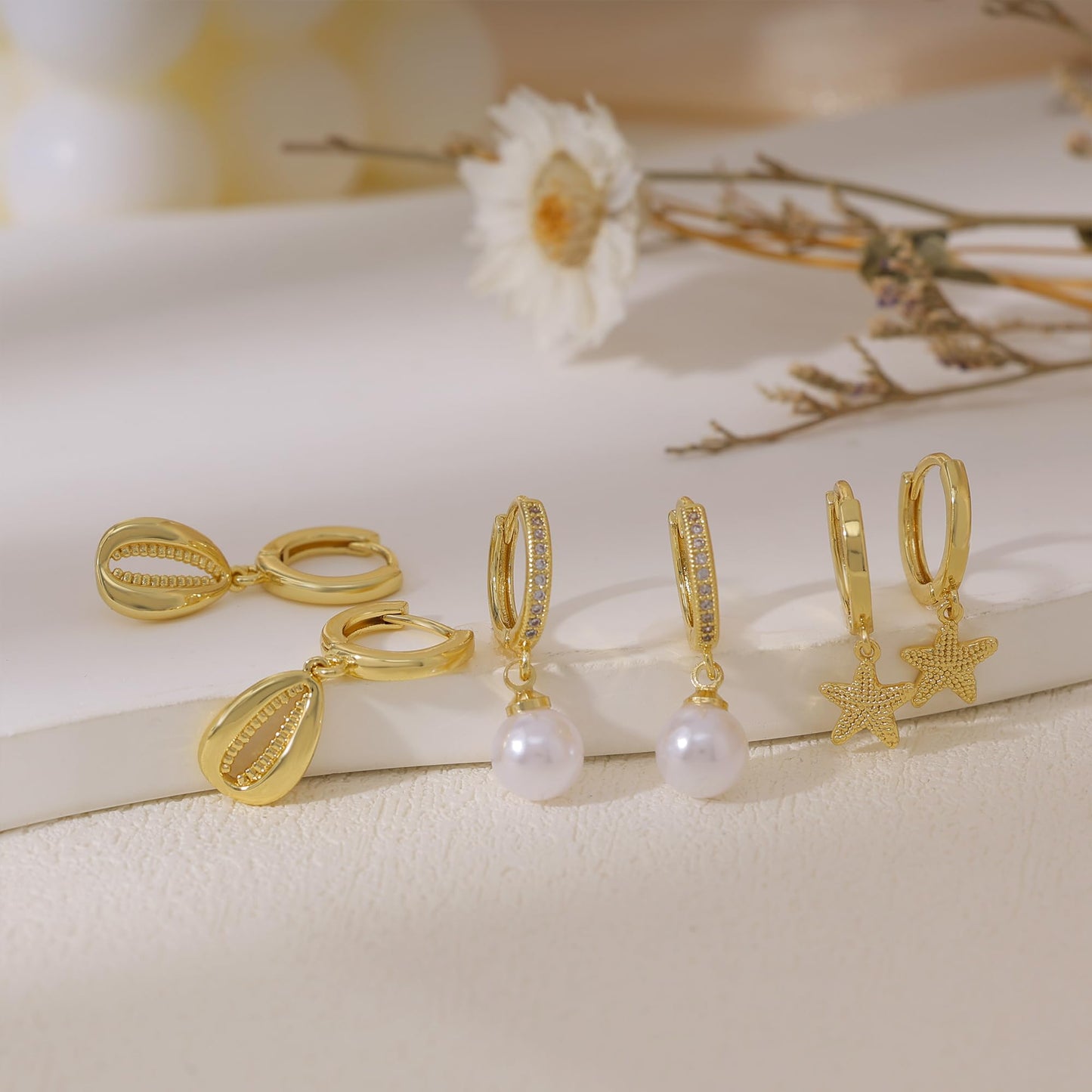 Gold Earrings For Women, Dainty Huggie Earrings Stack 14K Gold Plated Pearl Dangle Earrings for Women Trendy Cute Hypoallergenic Unique Gold Earring Stack Fashion Gold Jewelry Gifts