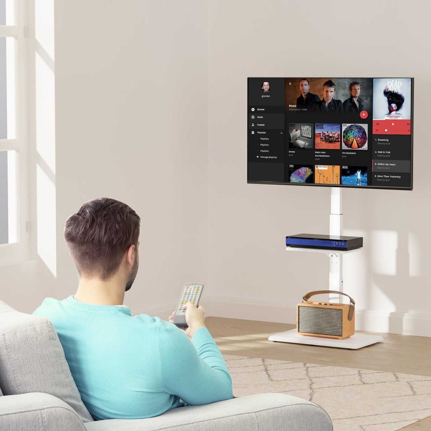 WALI Rolling TV Stand with Power Outlet & AV Shelf, Mobile Tall TV Stand Mount on Wheels for 34-75 inch TV up to 110 lbs, Swivel Height Adjustable TV Cart with Wood Base for Bedroom(TVDVD-6PRW), White