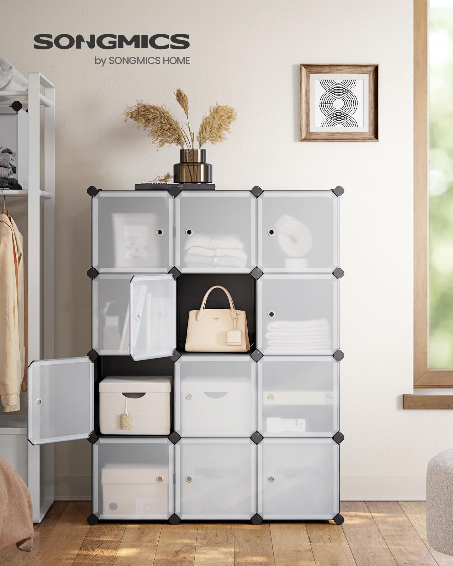 SONGMICS Cube Storage Organizer, Set of 16 Plastic Cubes, Closet Organizers and Storage, Room Organization, Bedroom Living Room, 12.2 x 48.4 x 48.4 Inches, Rustic Brown ULPC442A01
