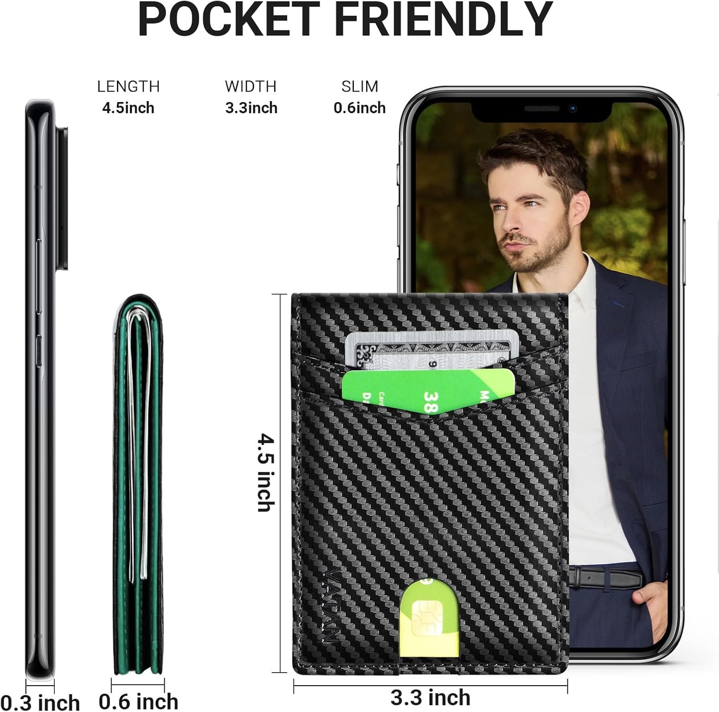 VATAN Herren Slim Wallet RFID Schutz Leder Kreditkartenetui für 15 Karten, Bifold Minimalistisches Dünnes Portemonnaie mit 2 Ausweisfenstern und Geldscheinfach, mit Geschenkbox (Carbon Fiber Schwarz)