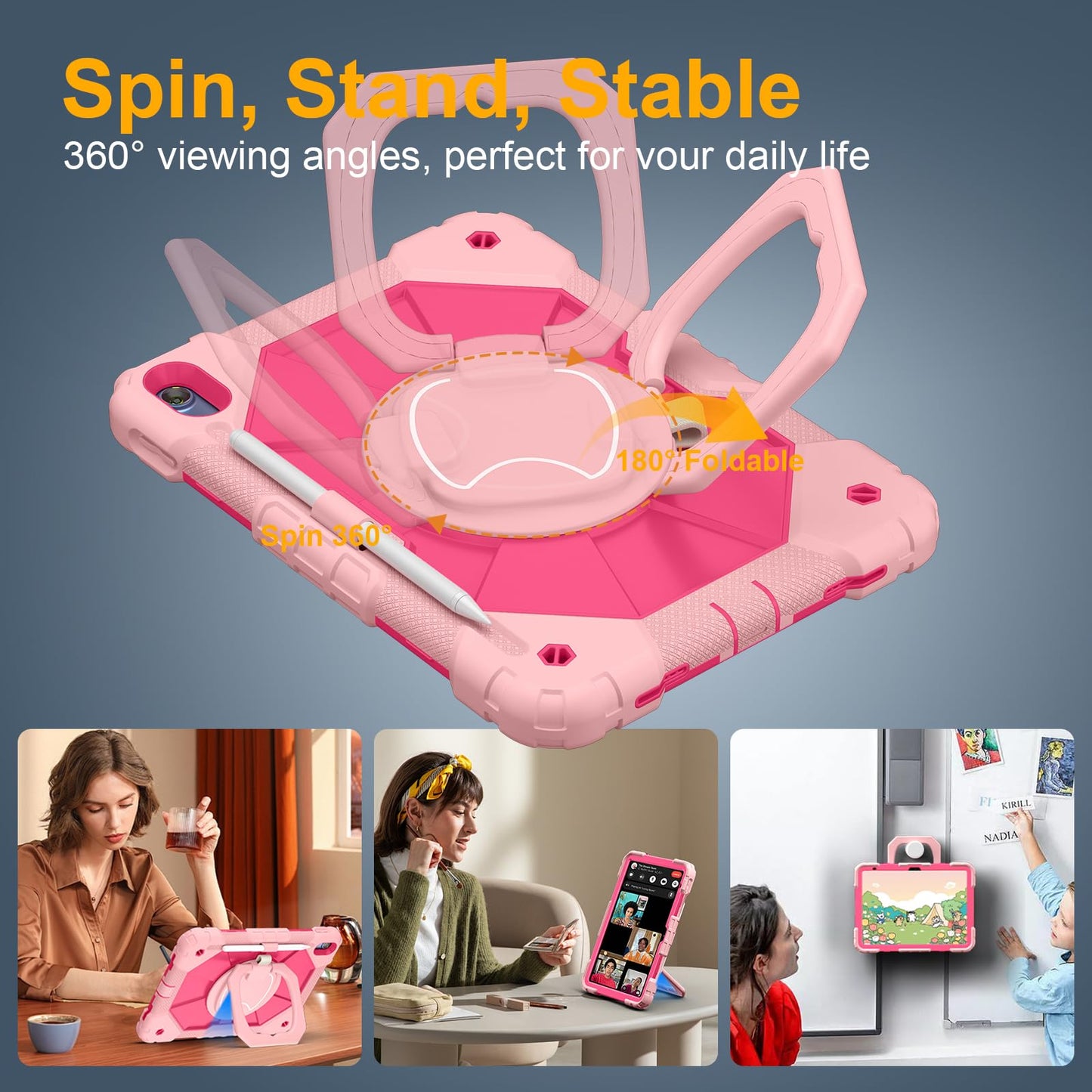 Case for iPad A16 11th Generation 11 Inch 2025, Auorld for iPad 10th Generation 10.9 inch 2022 case with Screen Protector, 360 Degree Rotating Stand Shoulder Strap Pencil Holder, Navy Pink