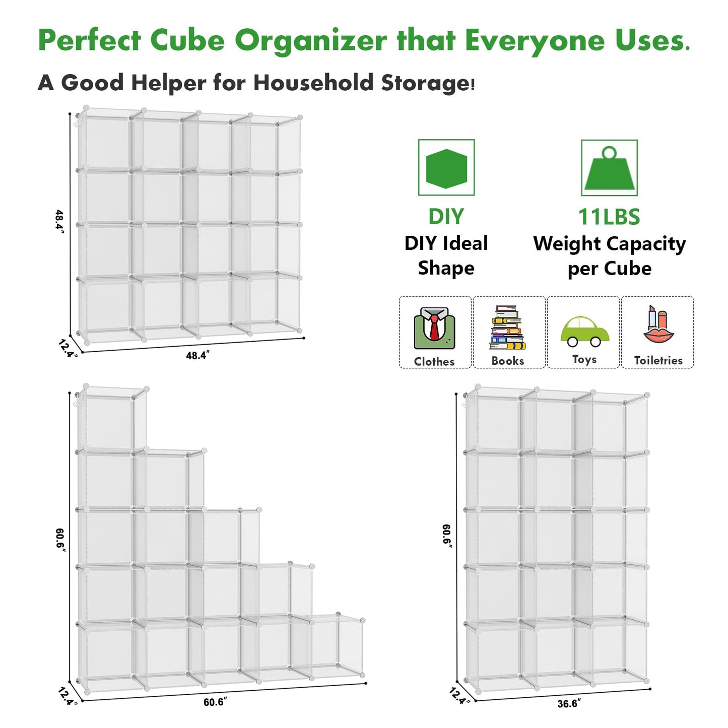 C&AHOME Cube Storage Organizer, 16-Cube Shelves Units, Plastic Storage Cubes, DIY Closet Organizer, Modular Closet Storage Shelves Ideal for Home, Bedroom, 48.4" L × 12.4" W × 48.4" H Black SUM3016H