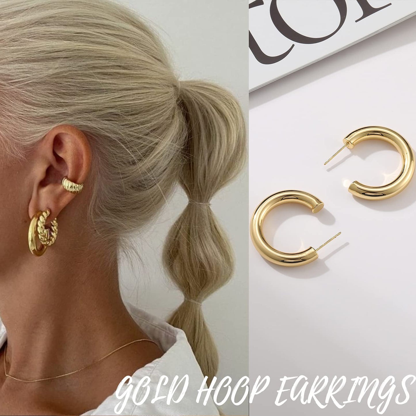 Creolen Set für Damen, 6 Paar 14K Vergoldet Leicht Hypoallergen Dick Offen Gedreht Creolen Ohrringe Pack Schmuck