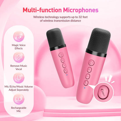 Mini Karaoke Machine for Kids Adults, Portable Bluetooth Speaker with 2 Wireless Microphone, Birthday Gifts for Girls Boys Ages 4, 5, 6, 7, 8, 9, 10, 12+ Years Old (Pinkcolor)