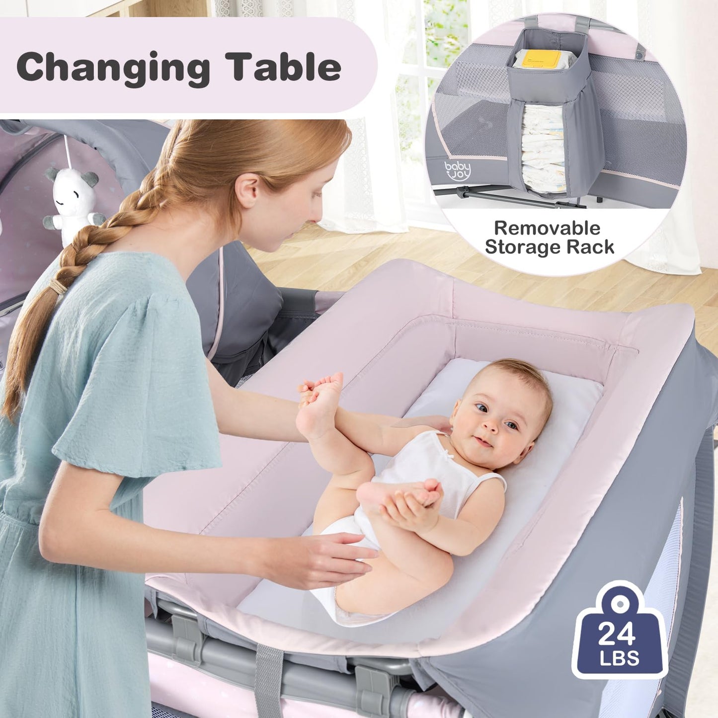BABY JOY 5 in 1 Pink Pack and Play, Portable Baby Playard with Bassinet & Changing Table, Infant Pink Girl Bassinet Center w/Hangings & Music & Oxford Bag for Baby Toddlers (Rose, Dot Circle)
