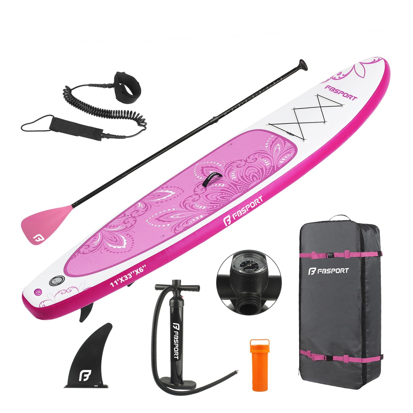 FBSPORT 11' Premium Stand Up Paddle Board, Yoga Board with SUP Accessories & Carry Bag | Wide Stance, Surf Control, Non-Slip Deck, Leash, Paddle and Pump for Youth & Adult