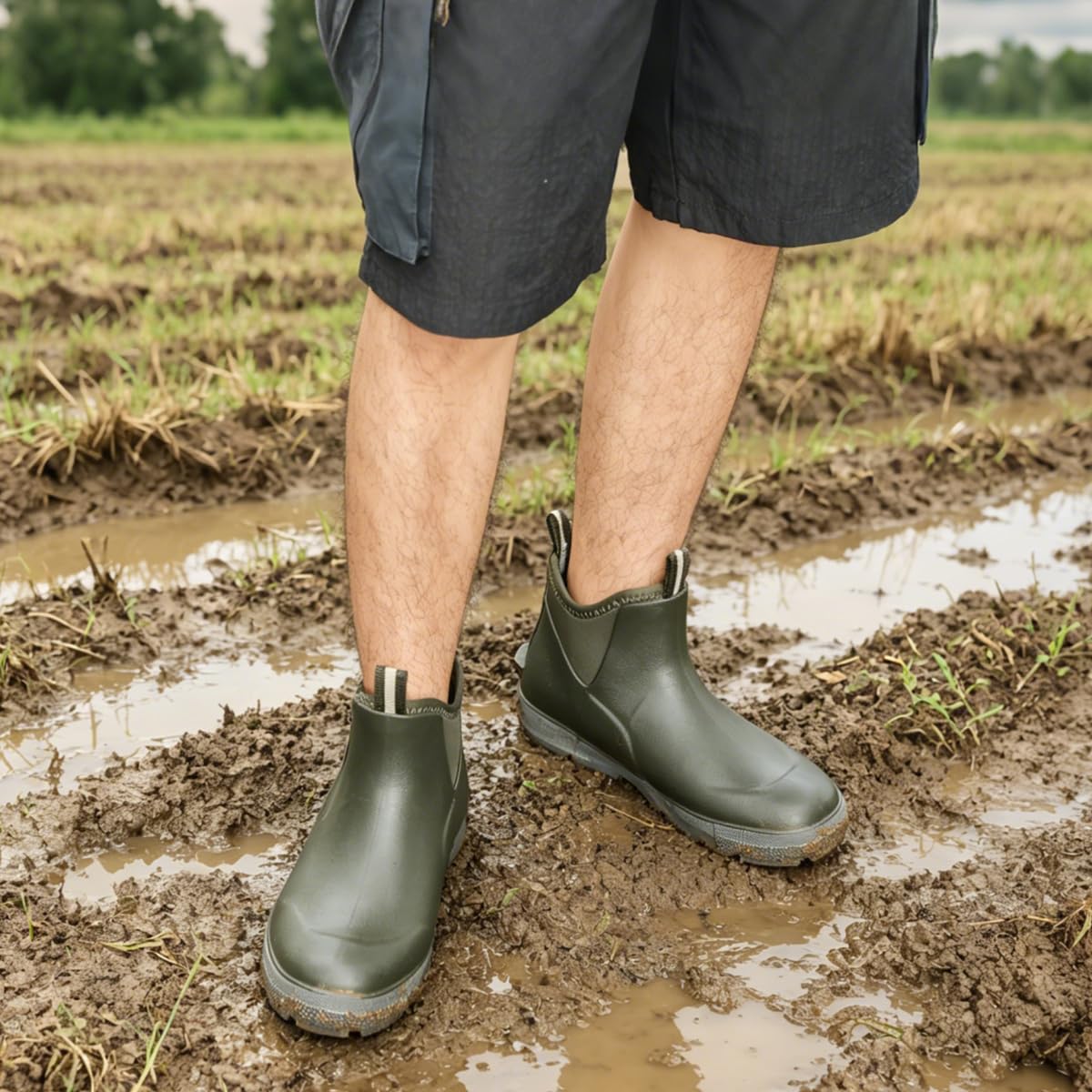 Men's Deck Boots, Waterproof Ankle Rain Boots with Anti-Slip Traction, Rubber Garden & Fishing Boots for Boating, Camping, Farming & Outdoor Work