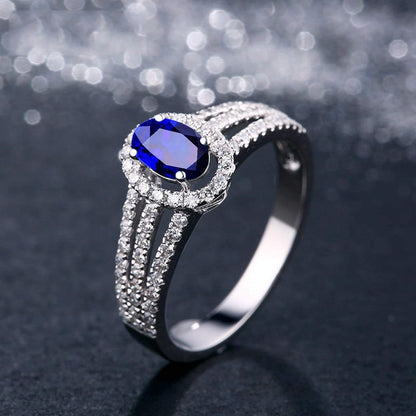 Aienid 18Ct White Gold Engagement Rings Diamond Oval Cut Blue Sapphire Micro Pave Diamond Engagement Ring for Her