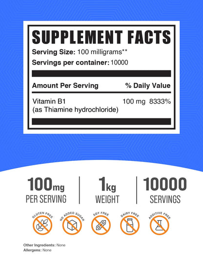 BulkSupplements.com Thiamine HCl Powder - Thiamine Hydrochloride - Thiamine B1 Supplement - B1 Vitamins - Thiamine 100mg - Thiamine Powder - 100mg per Serving (5 Kilograms - 11 lbs)
