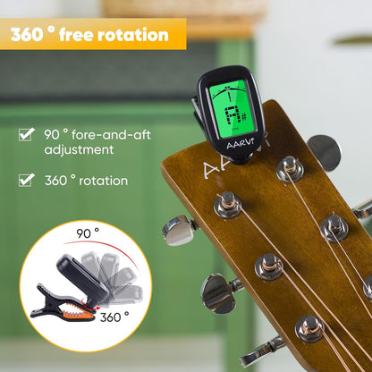 AARVI Clip-On Gitarrenstimmgerät für alle Instrumente, Akustik-/E-Gitarre, Ukulele, Bass, Violine, Banjo, großes, klares LCD-Display zum Stimmen der Gitarre, chromatisches Stimmgerät, 4 Gitarrenplektren inklusive