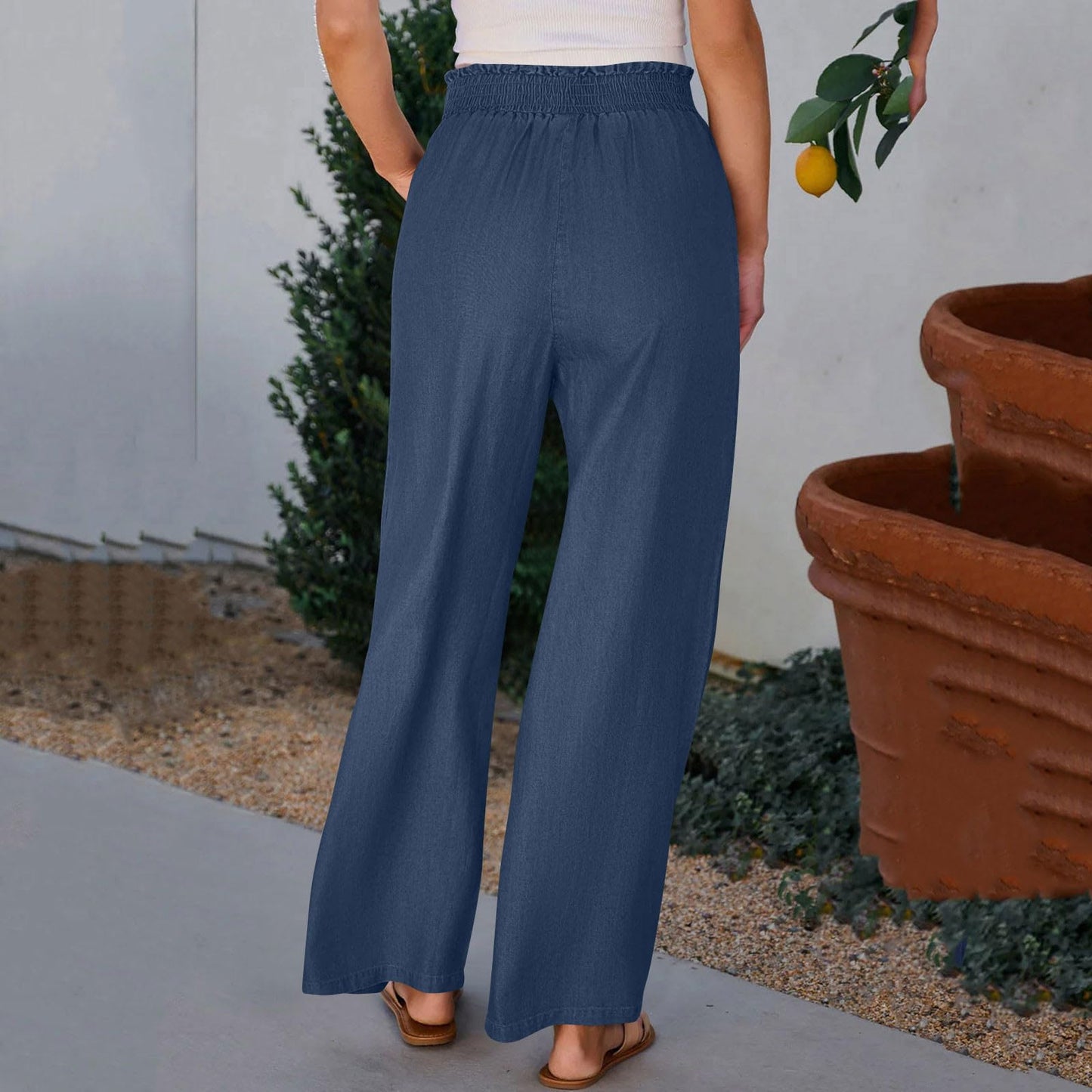 Bequeme Jeans für Damen Sommer Elastische High-Waist Fließende Weite Reisehose Trendige Palazzo Hose Weite Beinhose Dunkelblau