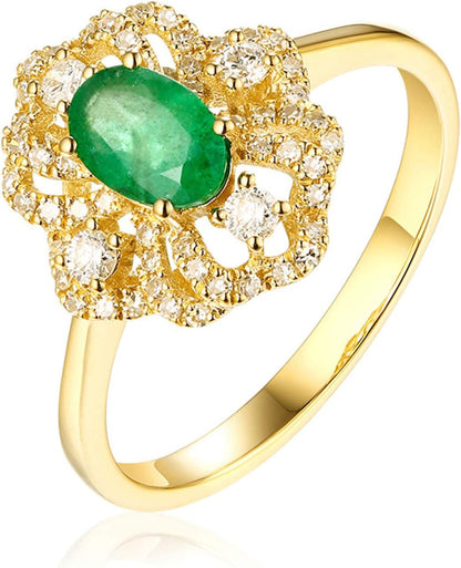 Aienid 18Ct Yellow Gold Engagement Rings for Women Diamond Flower with Oval Cut Emerald Engagement Ring for Her