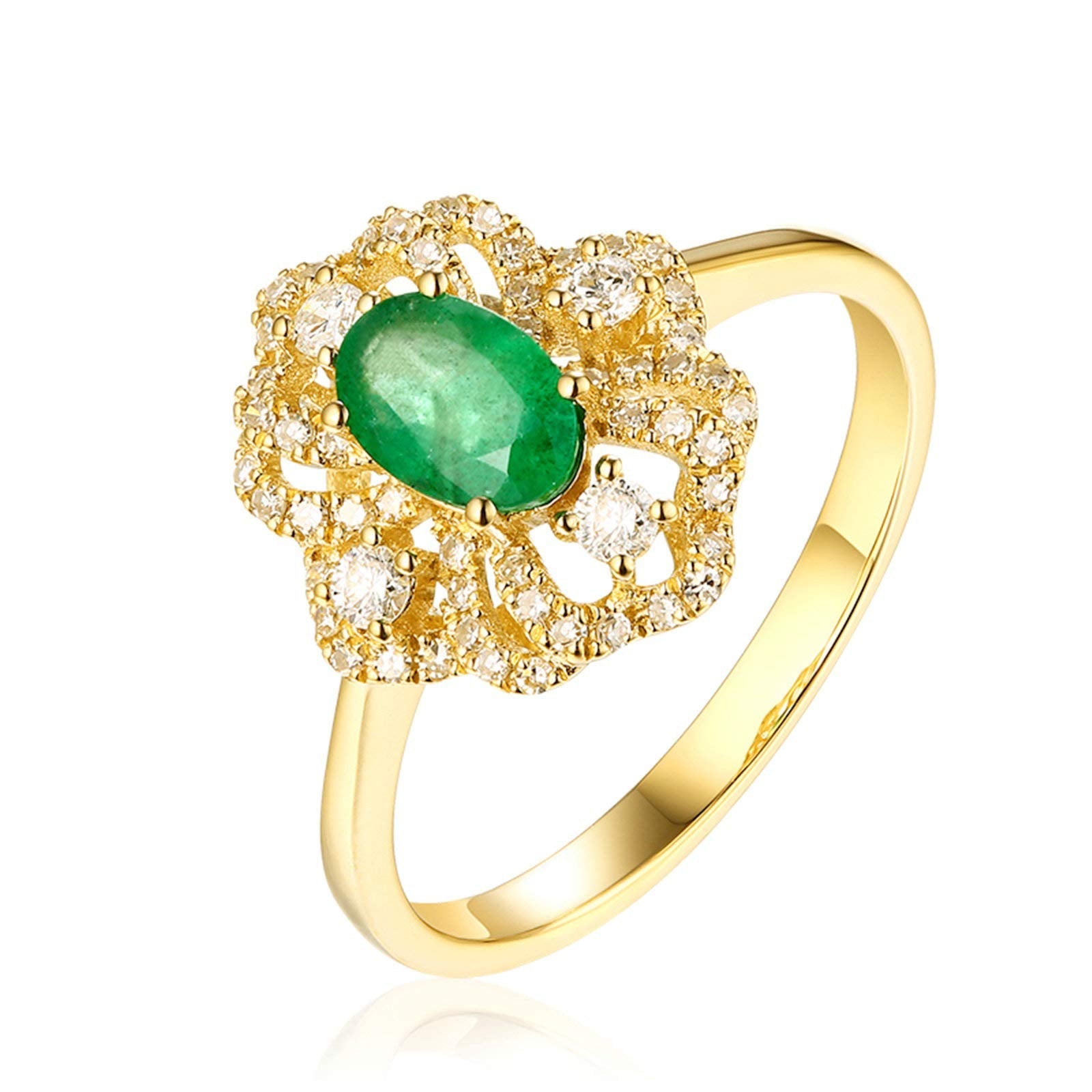 Aienid 18Ct Yellow Gold Engagement Rings for Women Diamond Flower with Oval Cut Emerald Engagement Ring for Her