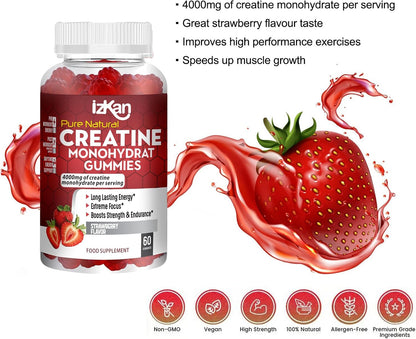 Pro Creatine Monohydrate Gummies 4000mg for Men & Women - 60 Chewable Creatine Gummies Strawberry Flavoured Creatine | Pre Workout Gym Supplement| Keto | Vegan | (3)