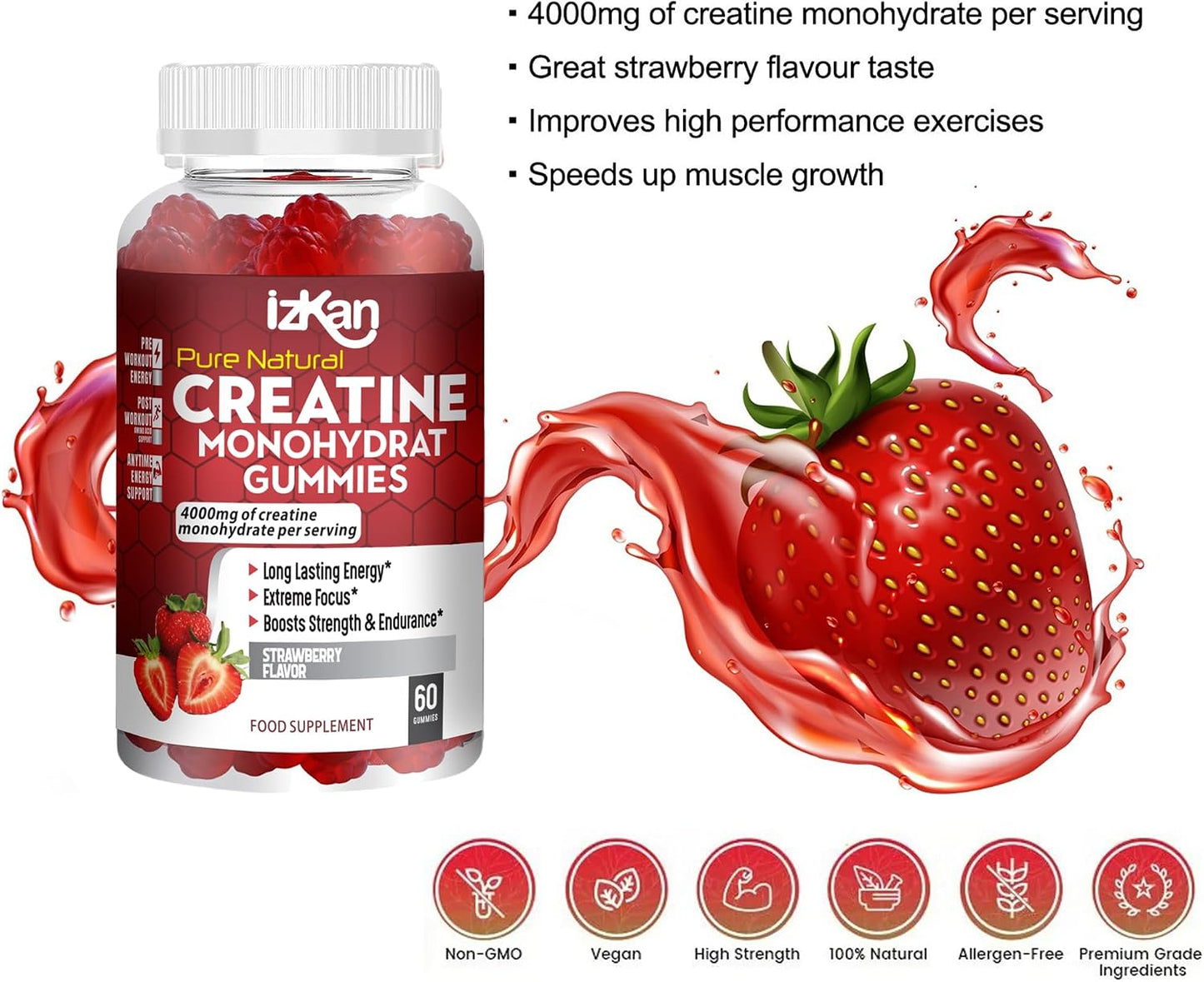 Pro Creatine Monohydrate Gummies 4000mg for Men & Women - 60 Chewable Creatine Gummies Strawberry Flavoured Creatine | Pre Workout Gym Supplement| Keto | Vegan | (3)