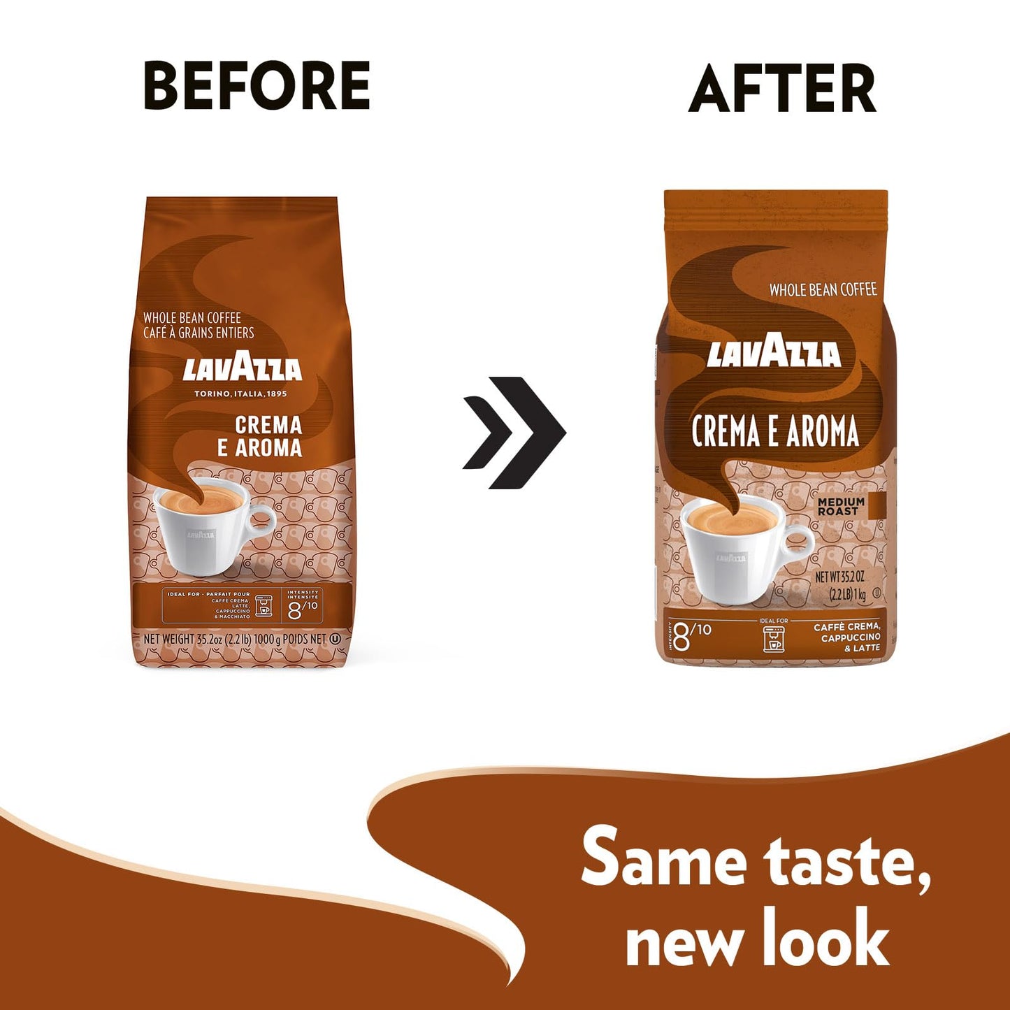 Lavazza Crema E Aroma Ganze Kaffeebohnen, 1 kg Packung, Ausgewogene mittlere Röstung mit intensivem, erdigem Geschmack und lang anhaltender Crema, GMO-frei