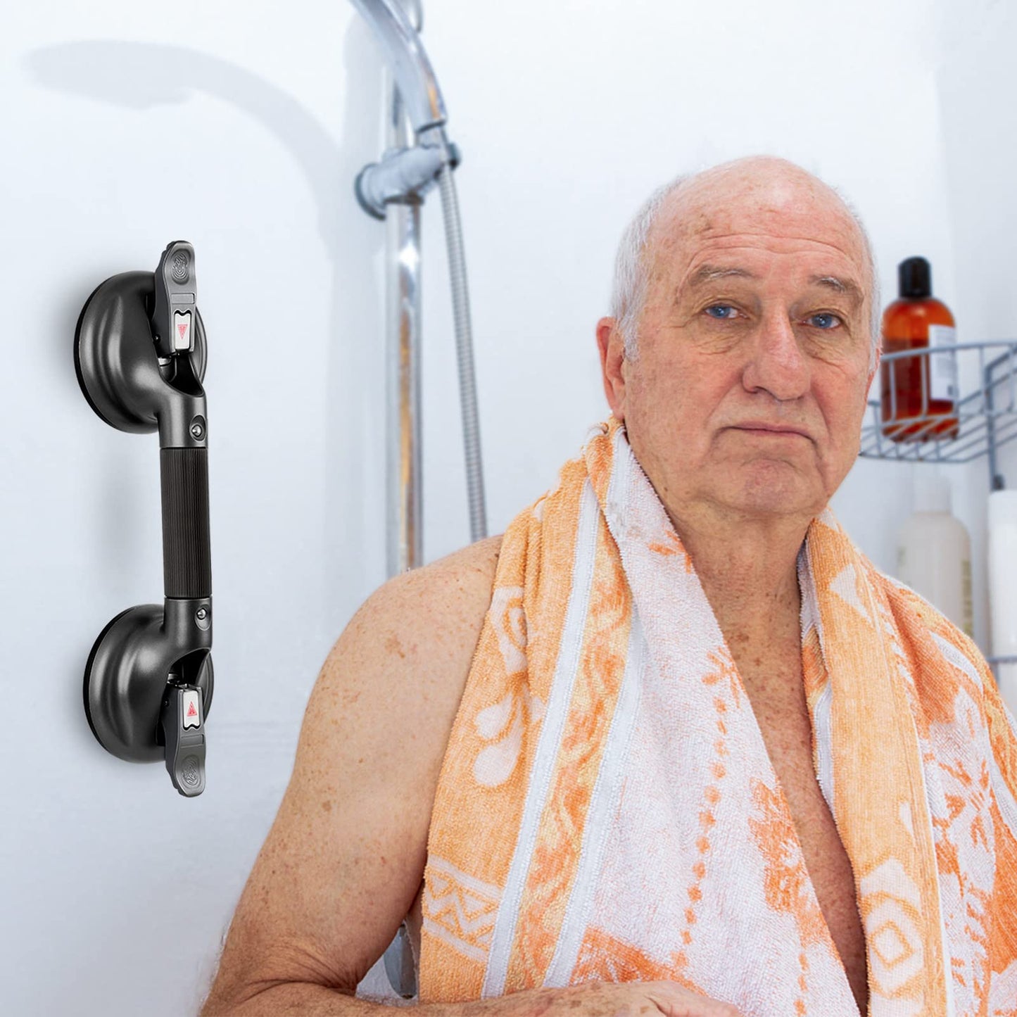 15-Inch Shower Handle - Upgraded Grab Bar with Strong Suction Cups for Bathtub & Shower Safety, Ideal for Seniors, Elderly, Disabled -Silver