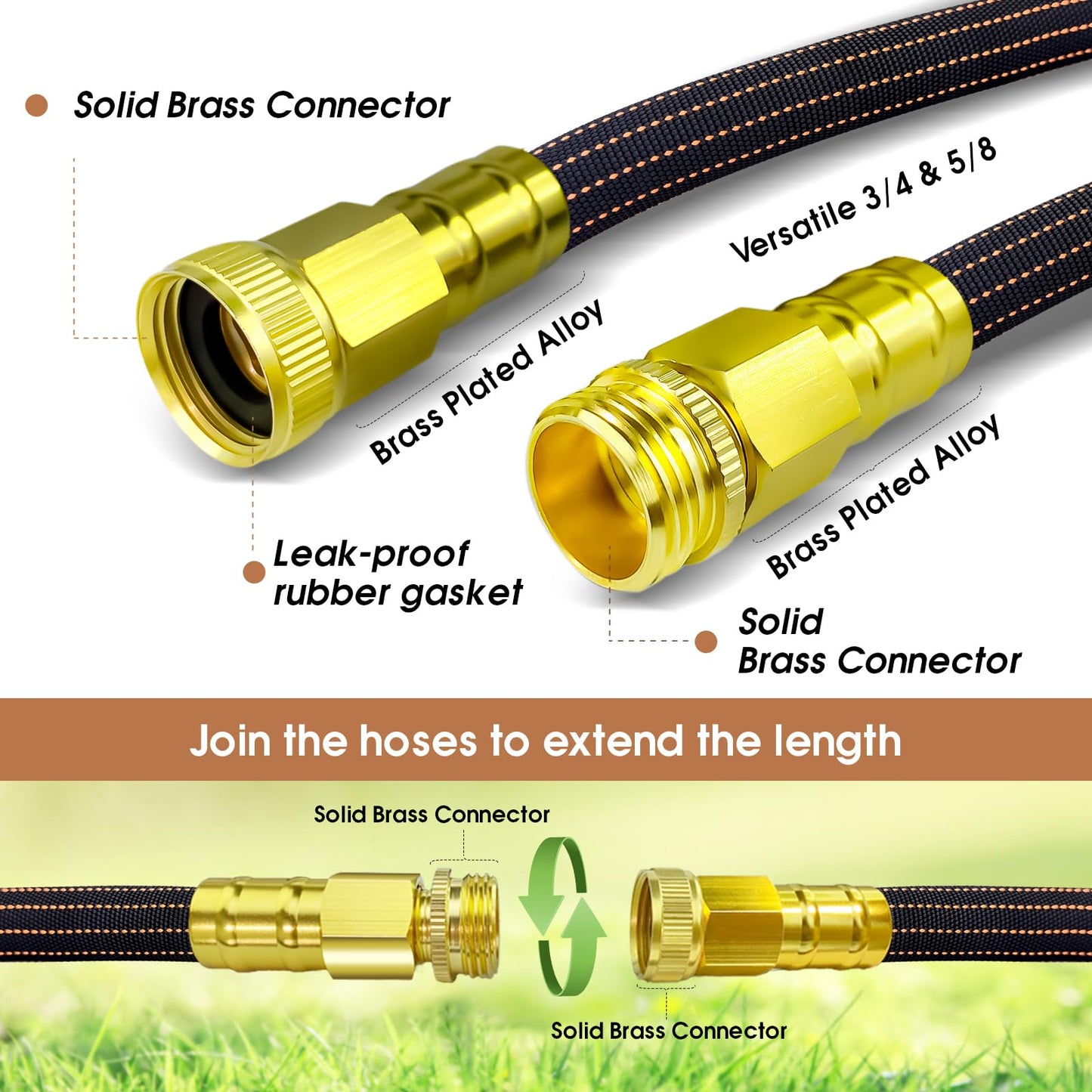 50FT Flexible Garden Hose & 10Modes Nozzle,None Expanding Lightweight Water Hose,Kink-Free,All-Weather 3/4 in. Hose for RV,Boat,Car Wash,Garden,Yard,Camper,Outdoor (Orange-Black, 50 Feet)