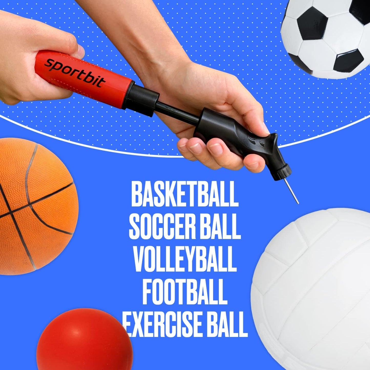 SPORTBIT Ballpumpe für Sportbälle - Basketballpumpe, Volleyballpumpe, Fußballpumpe - Handpumpe für alle Sportbälle - Push & Pull Aufblassystem - Inklusive 5 Nadeln