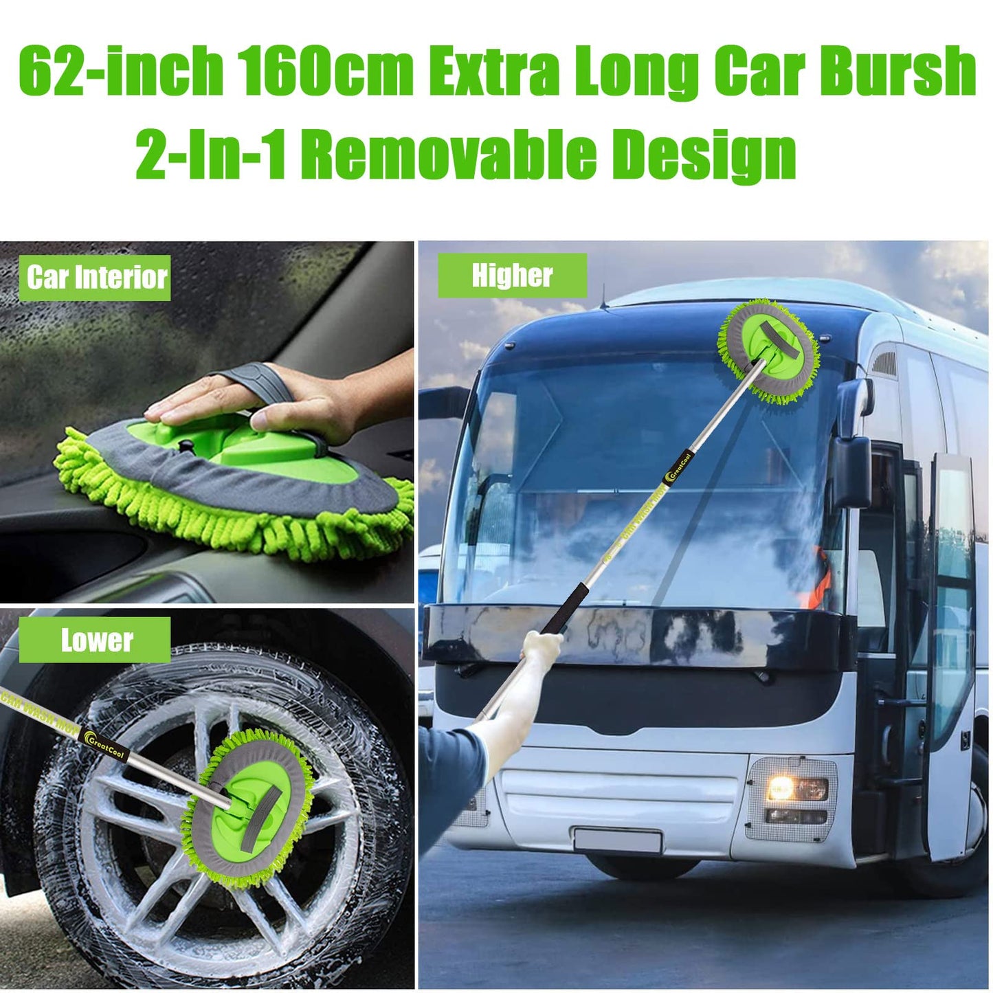 GreatCool 62" Autowaschbürsten-Mopp-Set mit langem Stiel, 2-in-1 Chenille-Mikrofaser-Schwamm-Waschhandschuh zur Reinigung und Pflege, Staubwedel zum Waschen von Autos, LKW, SUV, Wohnmobilen und für den Haushalt (2 x Moppkopf)