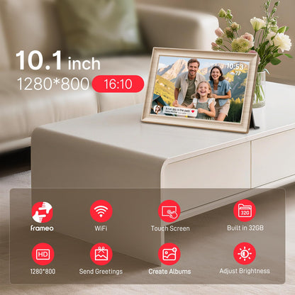 Frameo 10.1 Inch WiFi Digital Picture Frame, Smart Cloud Electronic Photo Frame with HD IPS Touch Screen Slideshow 32GB Memory Auto-Rotate Wall Mount, Share Photos/Videos from Phone - Gifts for Mom