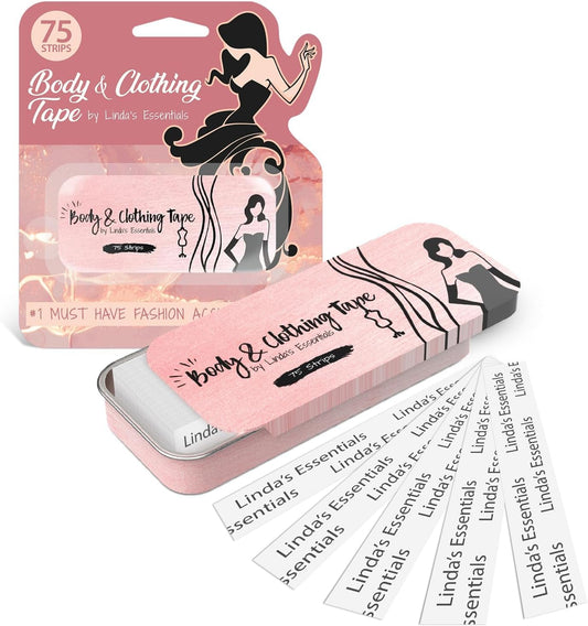 Double Sided Tape for Clothes, Body and Fashion Tape (75 Pack) | Clothing and Hem Adhesive for Women, No Sew No Iron, Strong Fabric Adhesive for Skin for All Shades and Sensitivity, Includes Tin Box