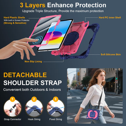 Case for iPad A16 11th Generation 11 Inch 2025, Auorld for iPad 10th Generation 10.9 inch 2022 case with Screen Protector, 360 Degree Rotating Stand Shoulder Strap Pencil Holder, Navy Pink