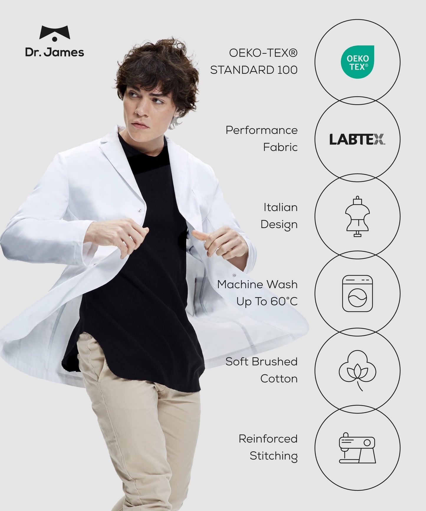 Dr. James 100% Cotton Unisex Lab Coat – White Medical Coat, Classic Fit, 2 Hip Pockets & 1 Chest Pocket, Concealed Snaps