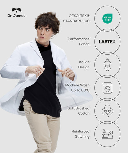 Dr. James 100% Cotton Unisex Lab Coat – White Medical Coat, Classic Fit, 2 Hip Pockets & 1 Chest Pocket, Concealed Snaps