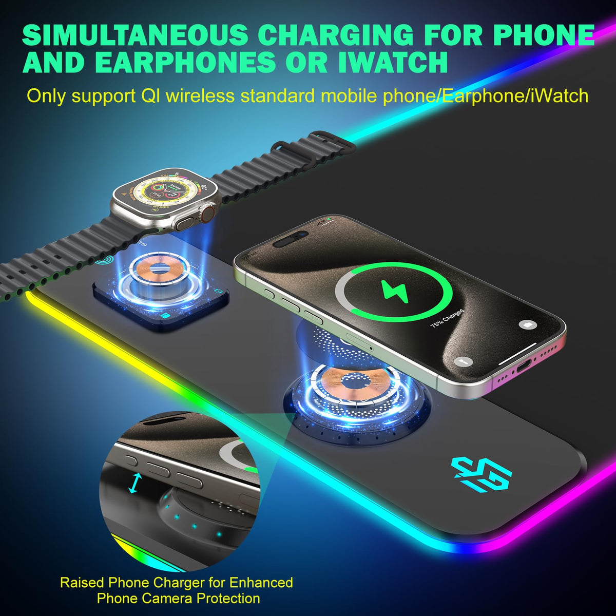 GIM Wireless Charging RGB Gaming Mouse Pad LED Desk Mat with Foldable Phone Stand