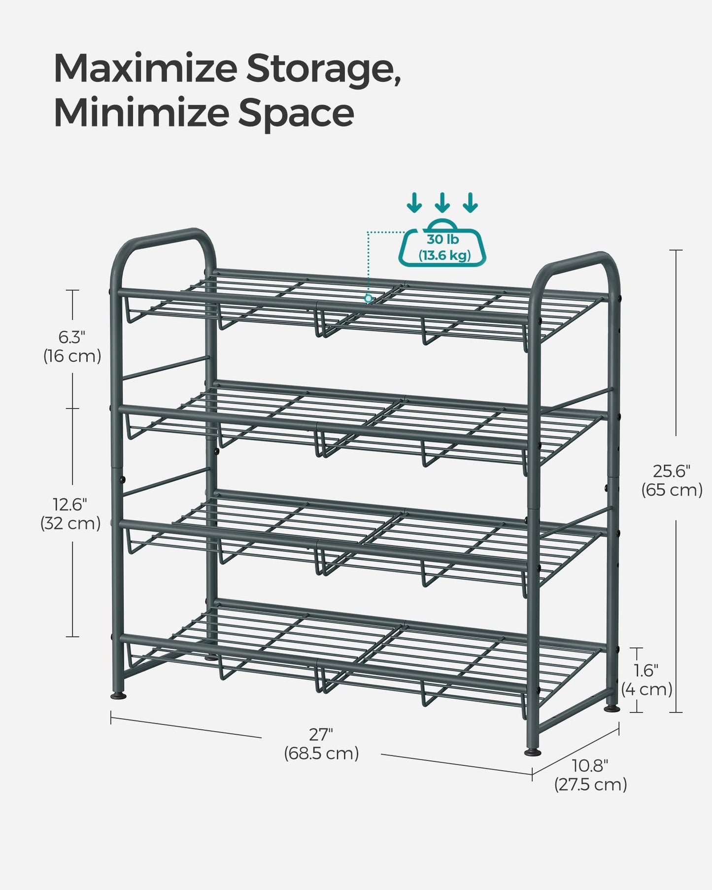 SONGMICS Stackable Shoe Rack, 4 Tier Metal Shoes Rack Storage Shelf, Holds up to 16 Pairs Shoes, Adjustable Slanted Shelves Tower Organizer for Closet Entryway Small Spaces, Bronze