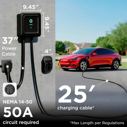 EVIQO Level 2 EV Charger, 40 Amp 240V, J1772 for Non-Tesla EVs, 25ft Cable, WiFi (2.4GHz) Smart App, Weatherproof Indoor/Outdoor (IP66, NEMA 4), UL & ETL Certified, NEMA 14-50 Plug-in, 9.6kW